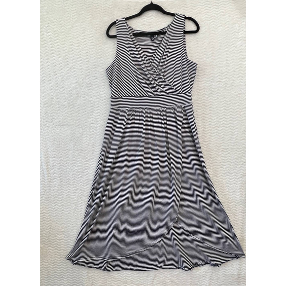 Lands' End Dresses & Skirts - Lands End Midi Dress Womens 14 / 16 Blue White Striped Faux Wrap V Neck Stretch